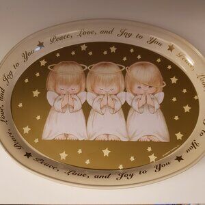 Vintage Hallmark 3 Praying Angels Peace Love Joy Oval Metal Tray Goldtone Decor